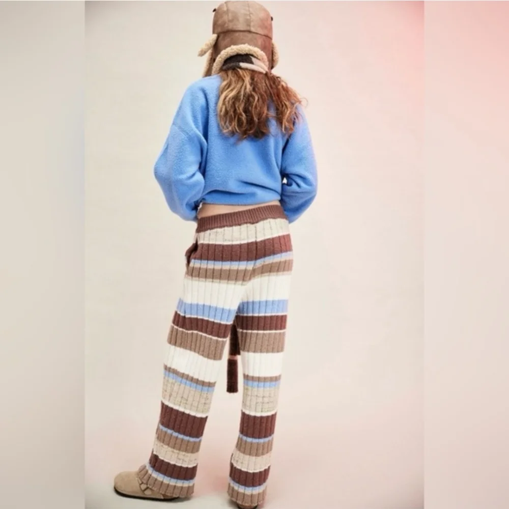 Free People Striped Knit Wide-Leg Pants in Brown, Blue, Cream - Picture 2 of 6